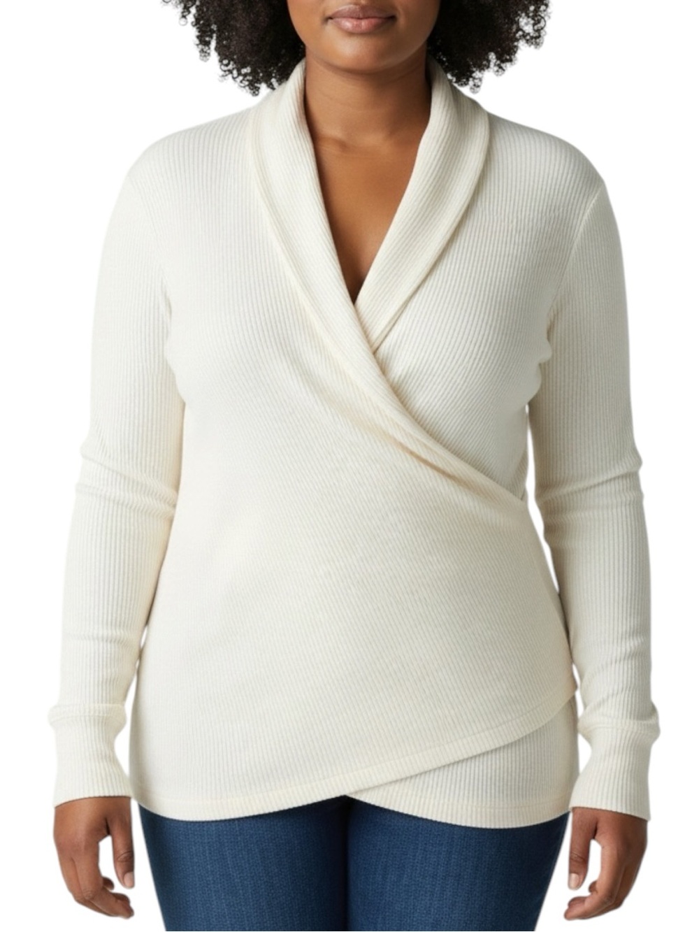 LANDS’ END Cream Ribbed Faux Wrap Long Sleeve Top Size 1X — NWOT